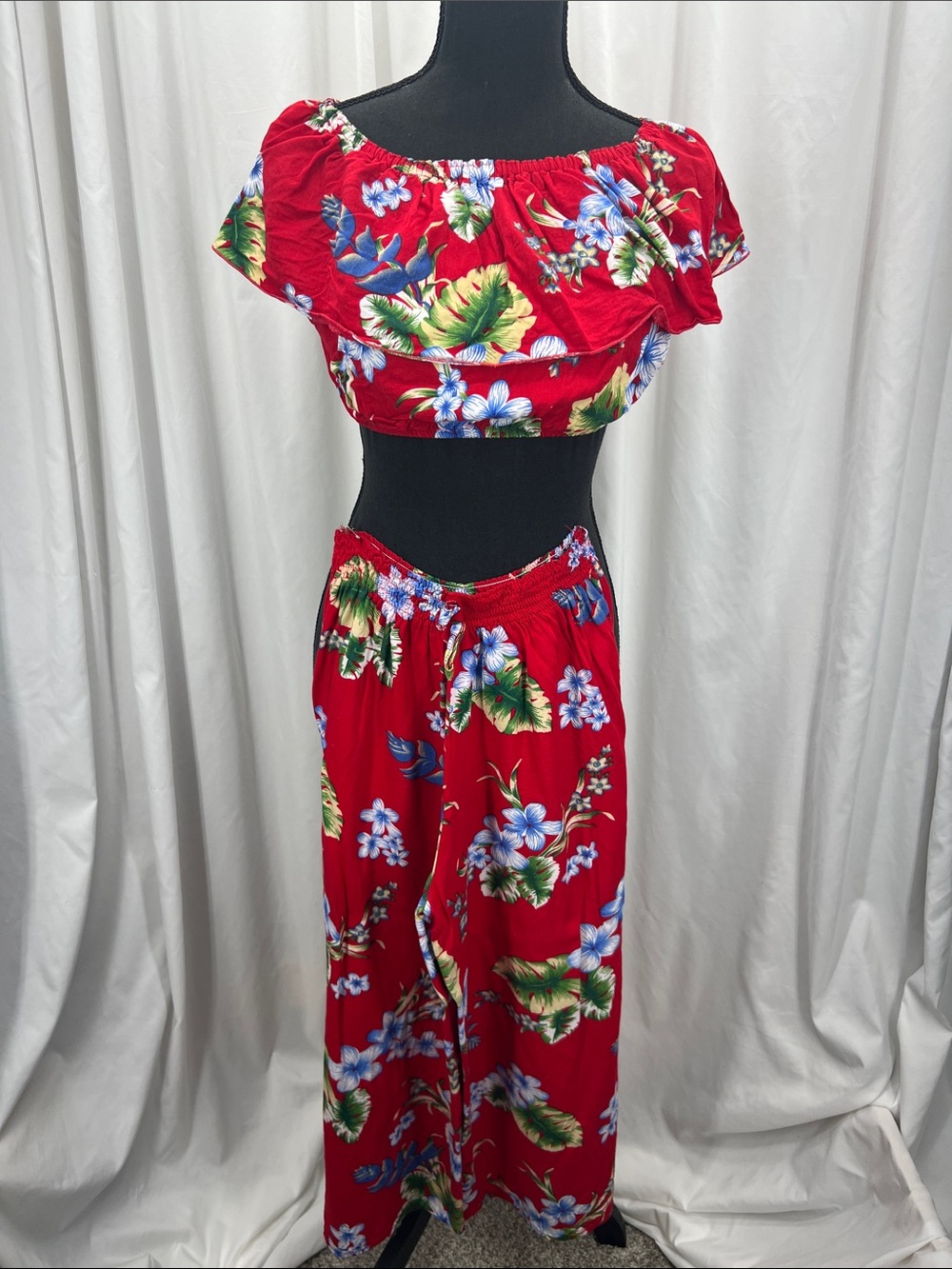 2 Piece Hawaiian Set Sz Small Women’s Wide Leg Pants Crop Top Tropical Vacation